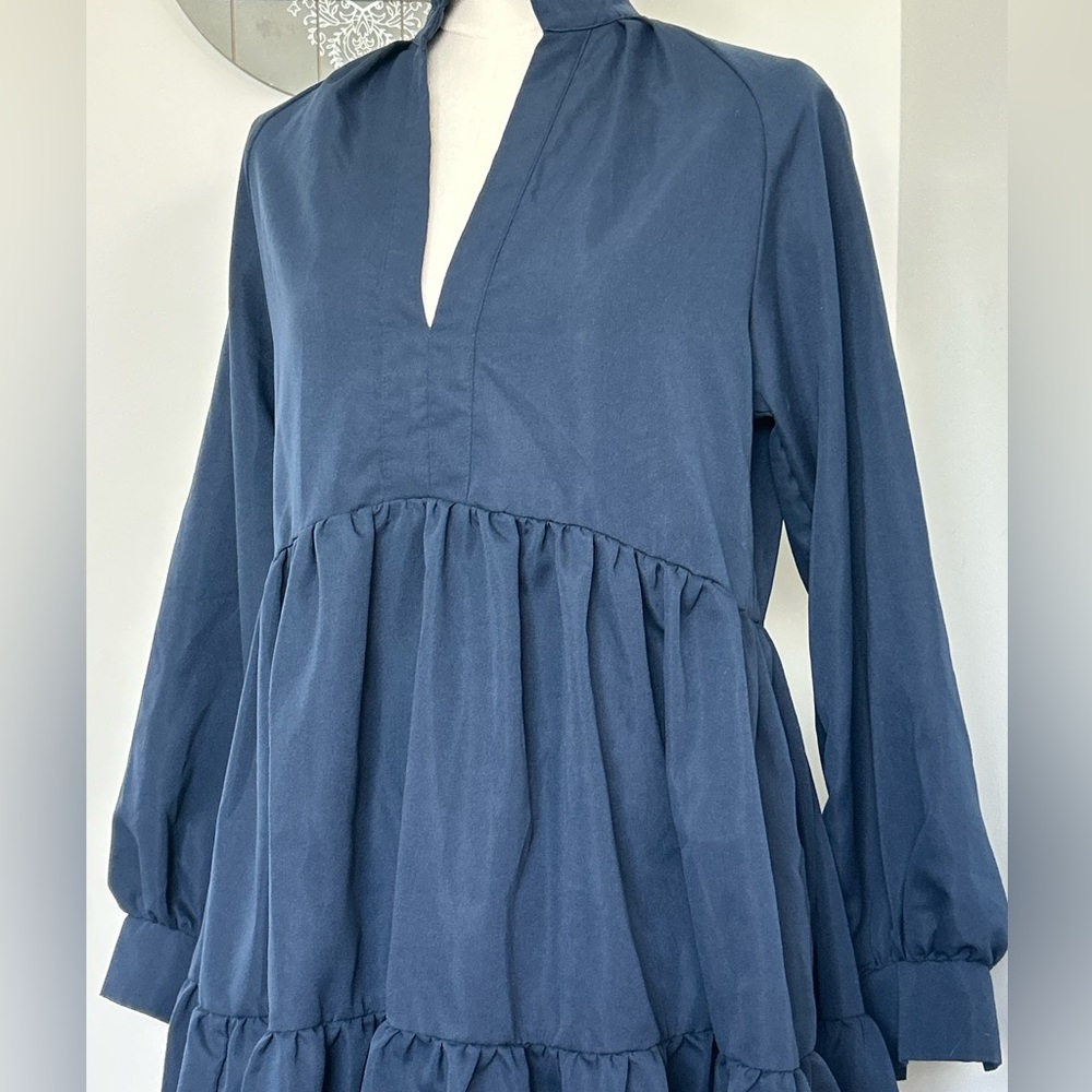 Shein‎ Solid Navy Blue Dress V-neck Tiered Ruffle Hem & Neckline Long Sleeves S